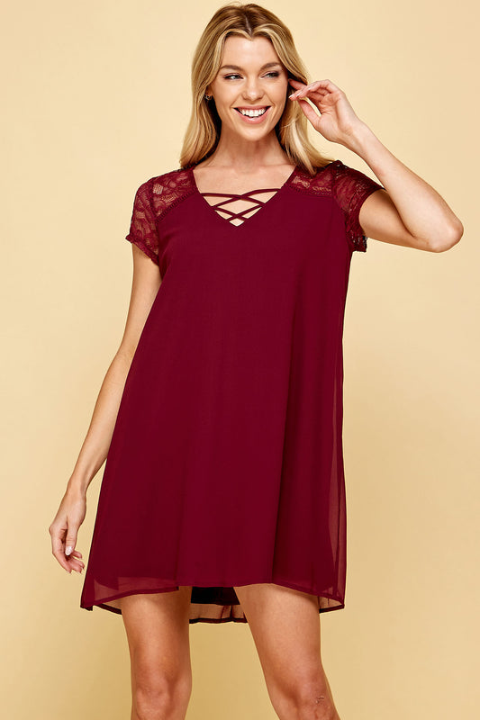 LATTICE FRONT LACE SHOULDER MINI DRESS