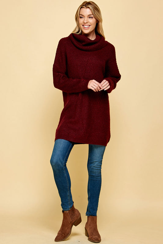 HEAVY KNIT LONG TURTLENECK IN BURGUNDY