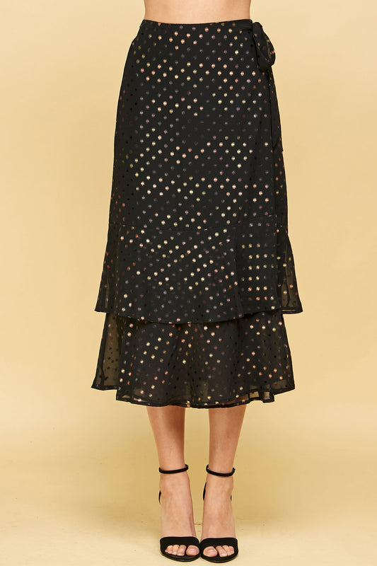 HIGH WAISTED TIERED DOT WRAP MIDI SKIRT
