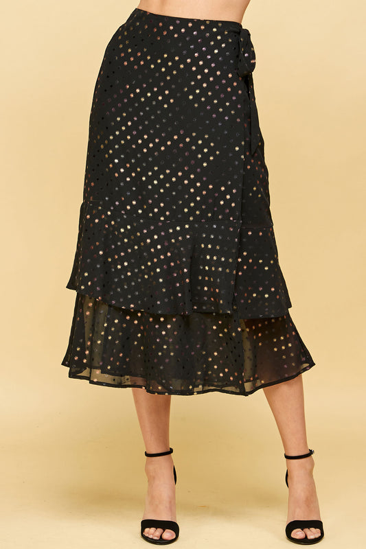 HIGH WAISTED TIERED DOT WRAP MIDI SKIRT