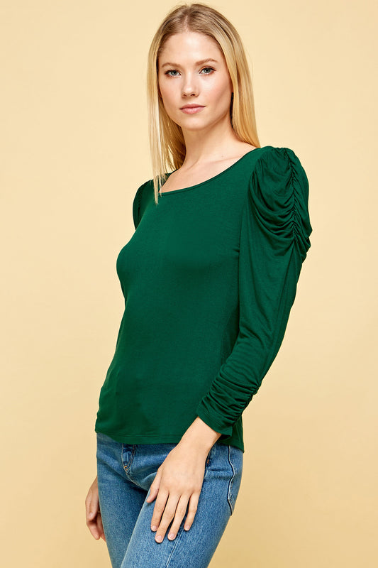 LONG SLEEVE SHIRRED SCOOP NECK TOP