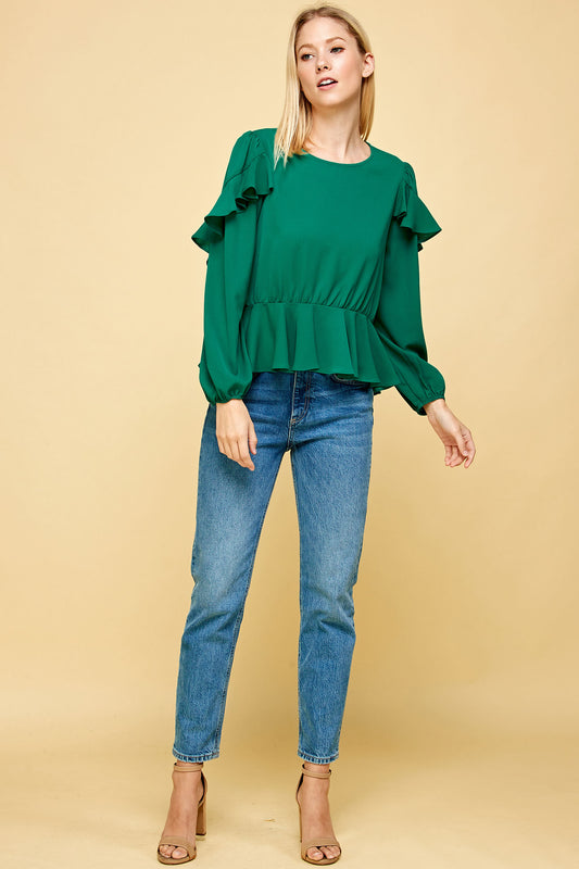 RUFFLED DETAIL PEPLUM TOP IN EMERALD