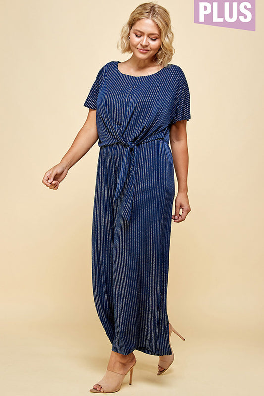 PLUS SIZE SILVER STRIPE FRONT TIE JUMPSUIT