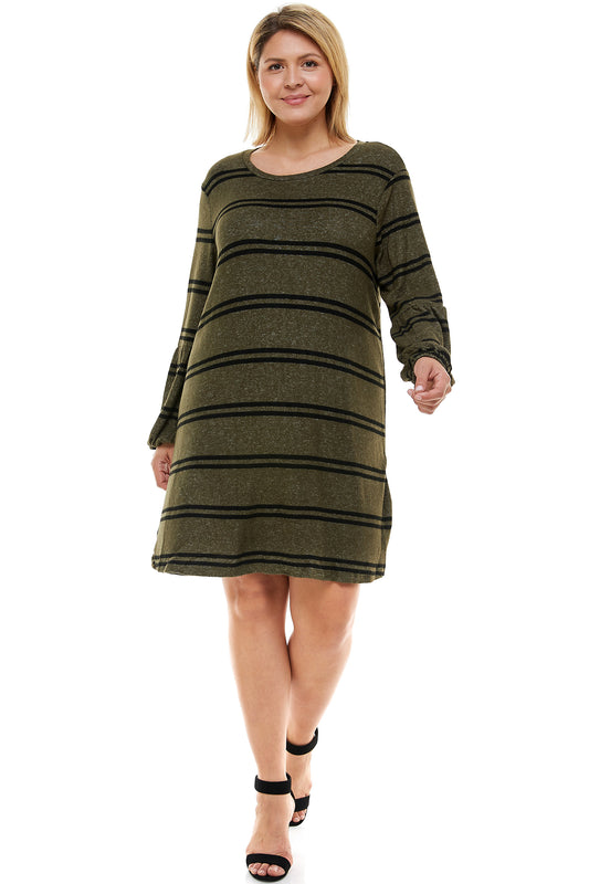 OLIVE STRIPED COZY PLUS SIZE MINI DRESS