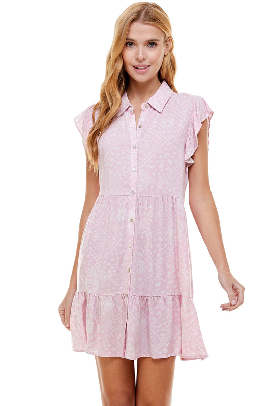 PINK PAISLEY TIERED RUFFLE SHIRT DRESS
