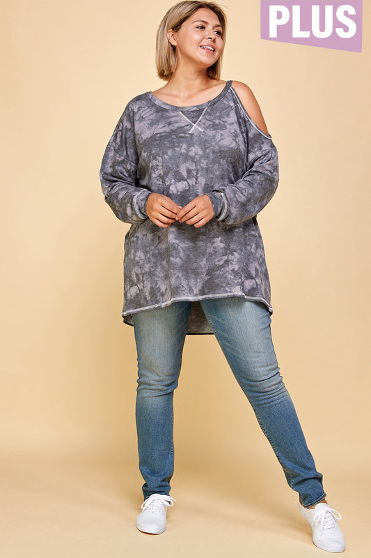 PLUS SIZE COLD SHOULDER TIE DYE SWEATER