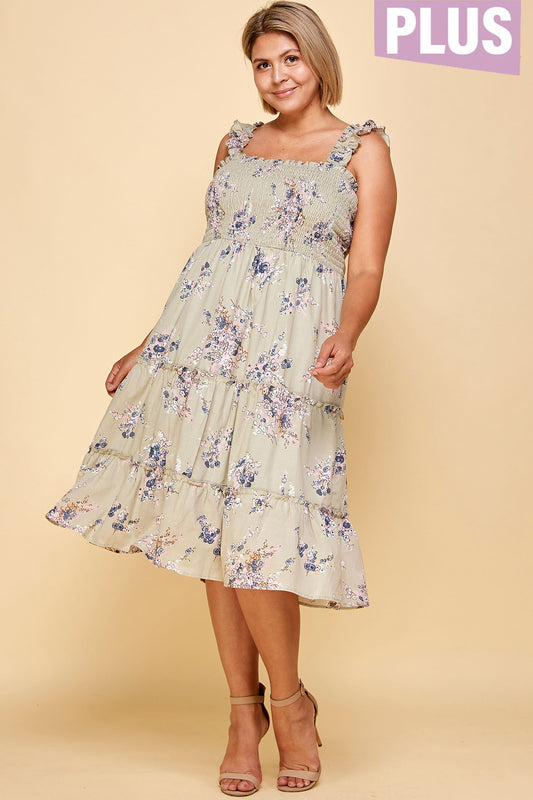 SAGE FLORAL SMOCKED PLUS SIZE MIDI DRESS