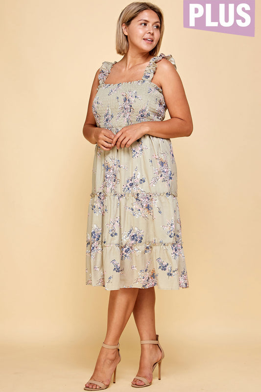 SAGE FLORAL SMOCKED PLUS SIZE MIDI DRESS