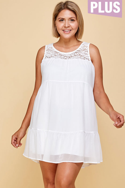 WHITE SLEEVELESS LACE PLUS SIZE TIERED MINI DRESS
