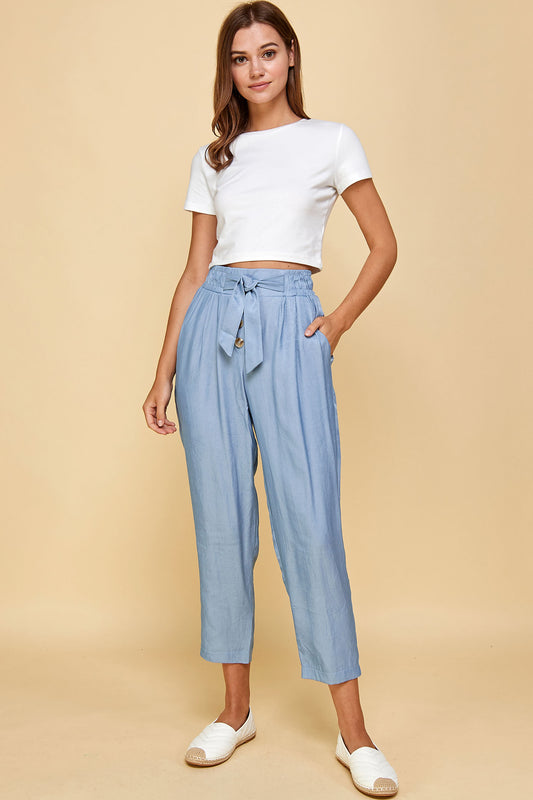 BLUE SILK TROUSER CAPRI WITH TIE WAIST