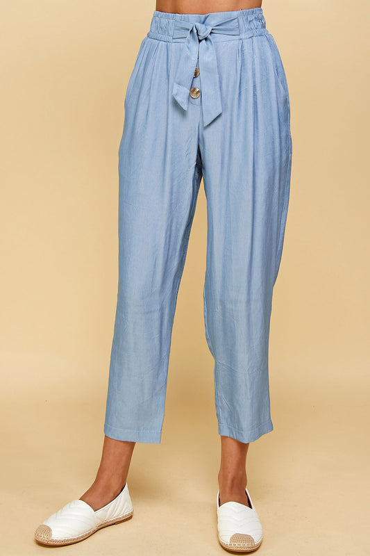BLUE SILK TROUSER CAPRI WITH TIE WAIST