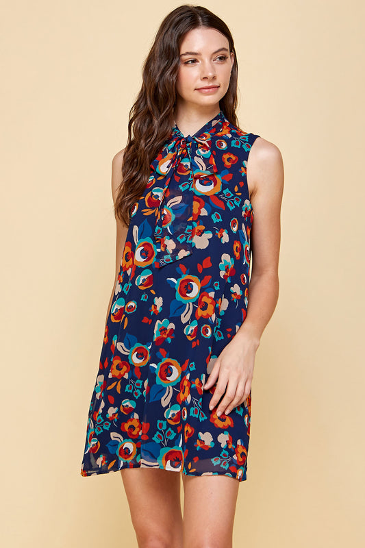 SLEEVELESS FLORAL MINI DRESS WITH NECK TIE