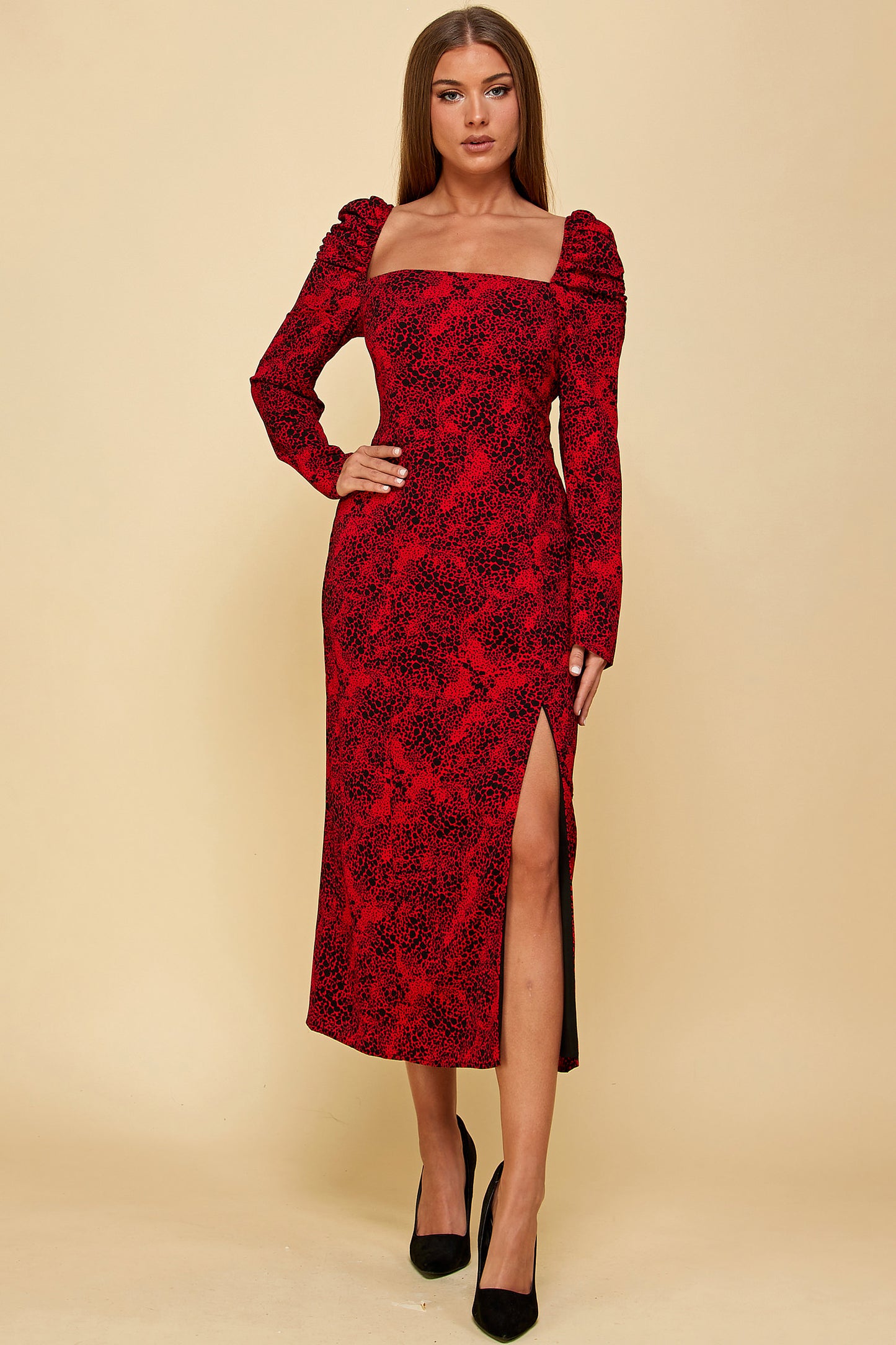 RED PRINTED MIDI WITH THIGH SLIT
