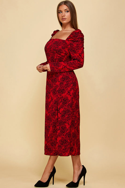 RED PRINTED MIDI WITH THIGH SLIT