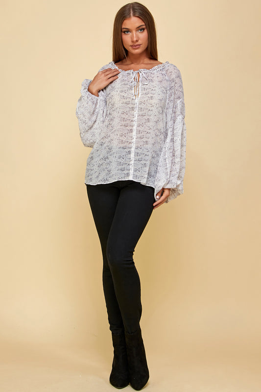 SNAKE PRINT SHEER PEASANT TOP WITH NECK TIE