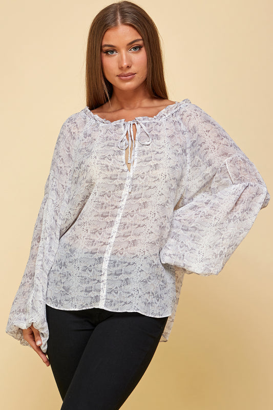 SNAKE PRINT SHEER PEASANT TOP WITH NECK TIE
