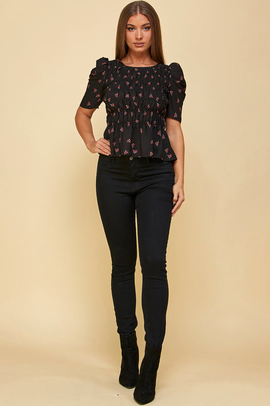 BLACK FLORAL SHORT SLEEVE PEPLUM TOP