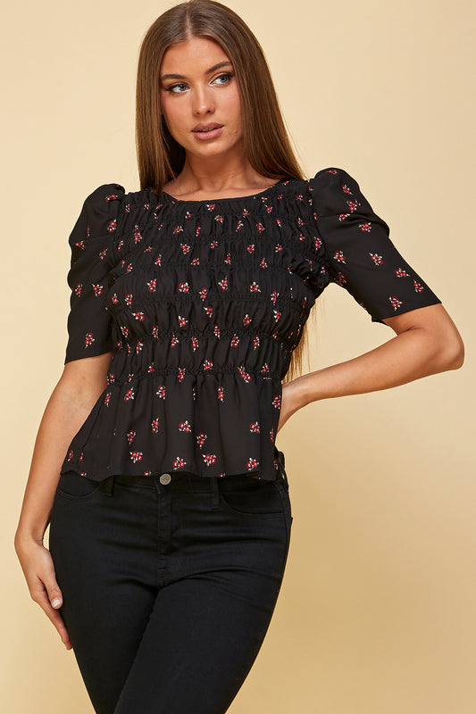 BLACK FLORAL SHORT SLEEVE PEPLUM TOP