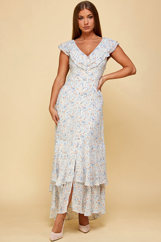 FLORAL MIDI HIGH LOW FLOUNCE DRESS