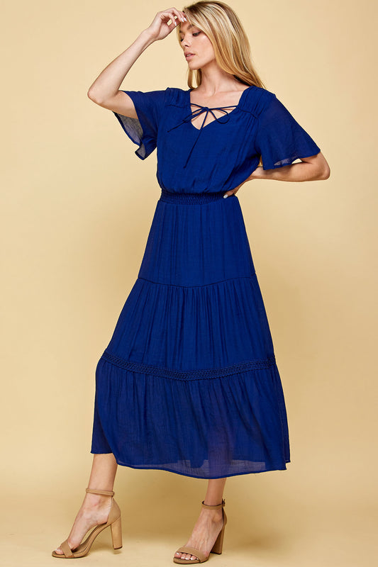 KEYHOLE SMOCKED WAIST CROCHET TIER MAXI DRESS IN BLUE