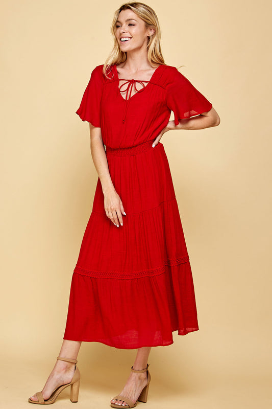 KEYHOLE SMOCKED WAIST CROCHET TIER MAXI DRESS IN RED