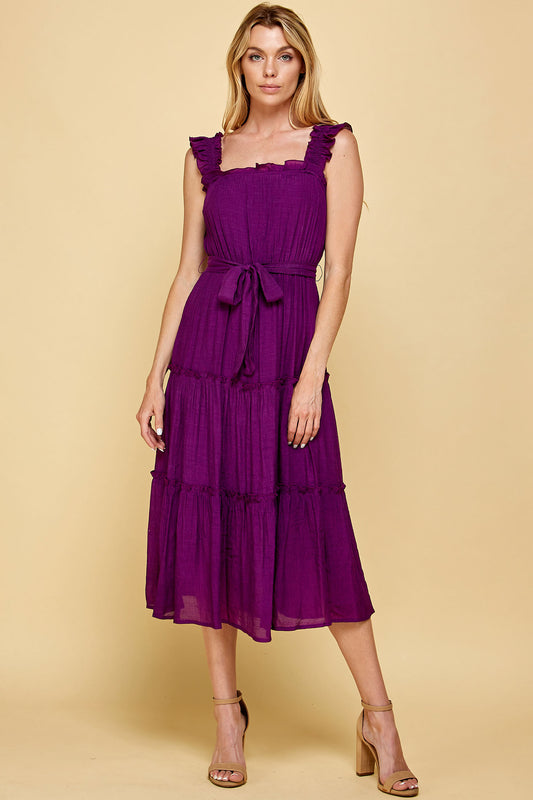 PURPLE RUFFLED SLEEVELESS MIDI DRESS