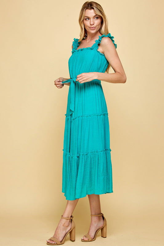 TEAL RUFFLED SLEEVELESS MIDI DRESS