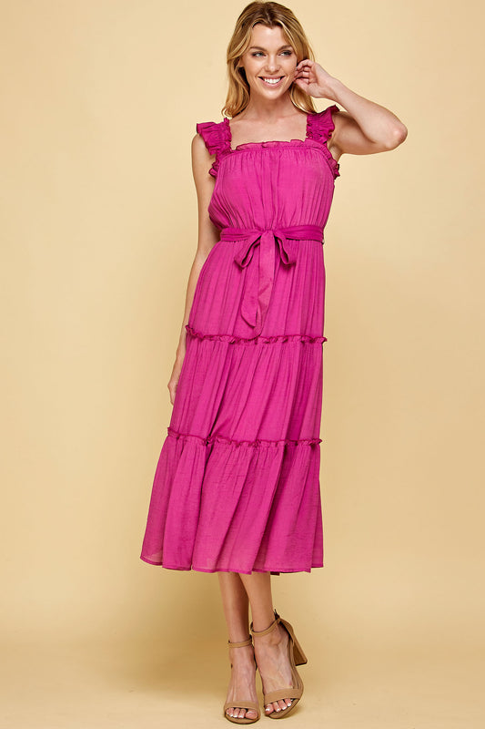 PINK RUFFLED SLEEVELESS MIDI DRESS
