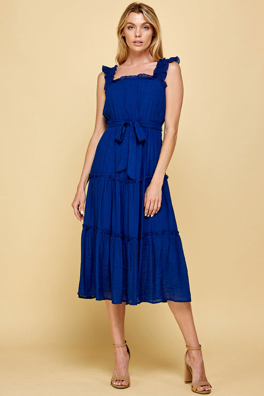 BLUE RUFFLED SLEEVELESS MIDI DRESS