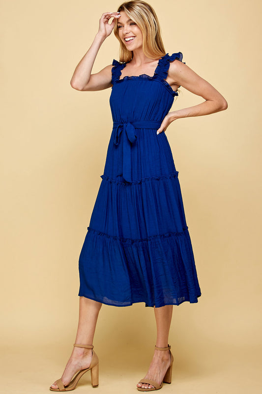 BLUE RUFFLED SLEEVELESS MIDI DRESS