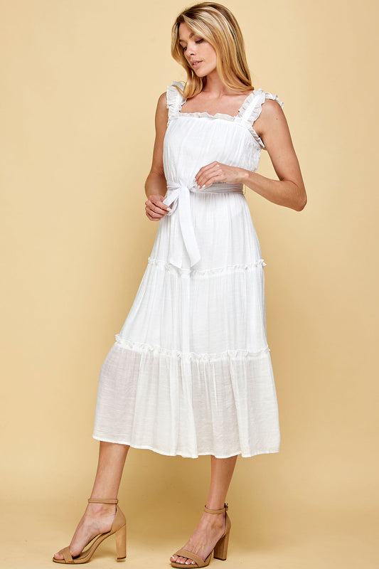 WHITE RUFFLED SLEEVELESS MIDI DRESS