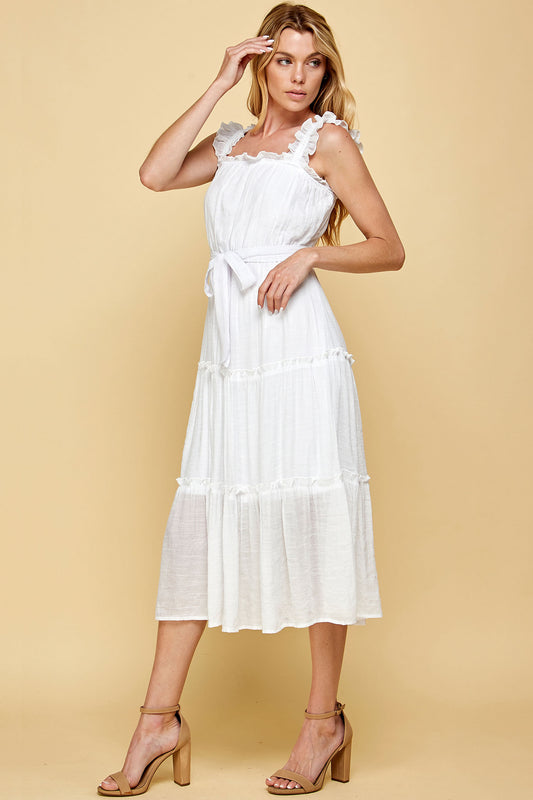 WHITE RUFFLED SLEEVELESS MIDI DRESS
