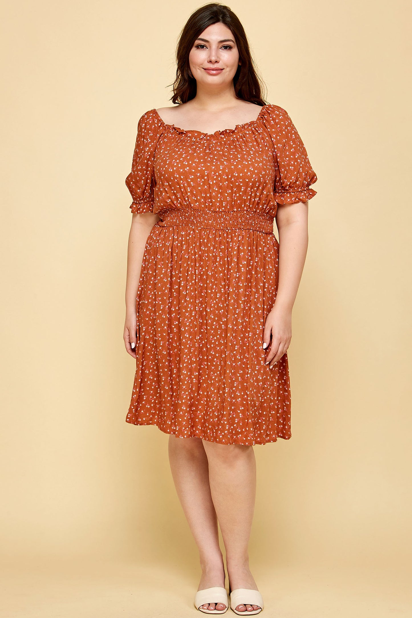 PLUS SIZE PEASANT SMOCKED WAIST DRESS IN RUST