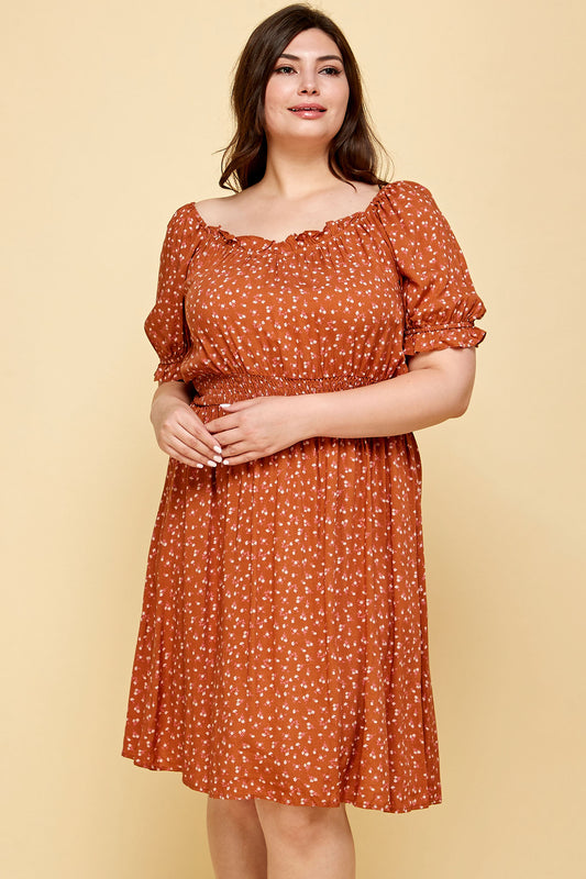 PLUS SIZE PEASANT SMOCKED WAIST DRESS IN RUST