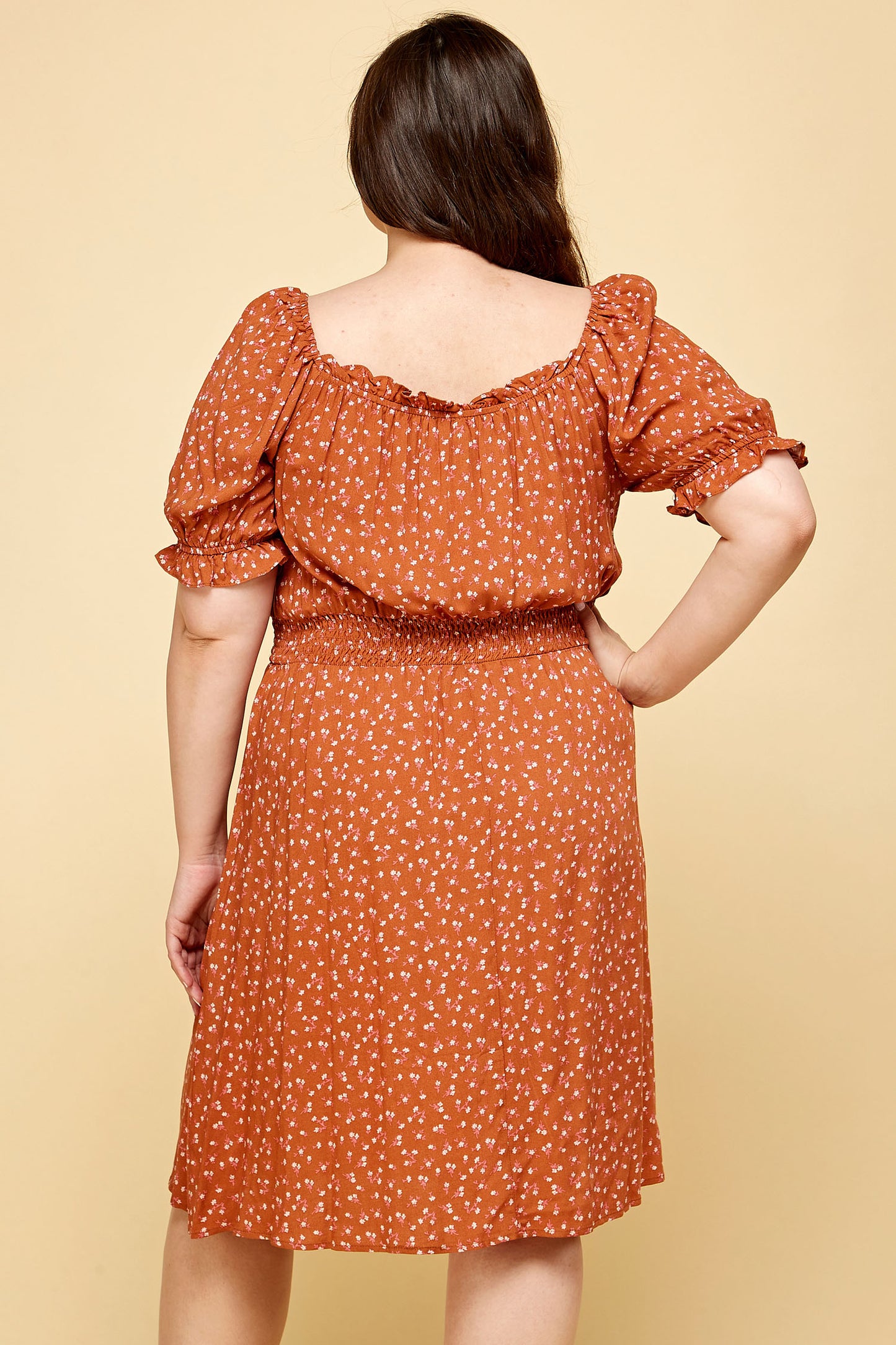 PLUS SIZE PEASANT SMOCKED WAIST DRESS IN RUST