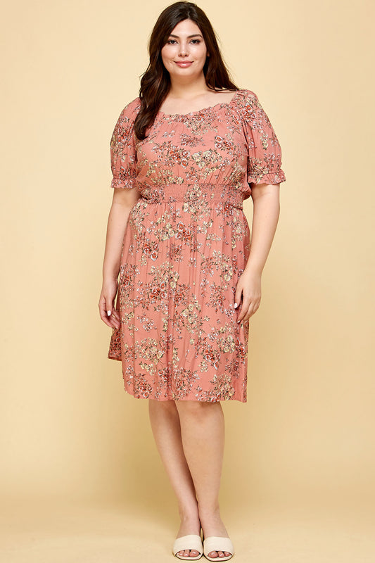 PLUS SIZE PEASANT SMOCKED WAIST DRESS IN PINK