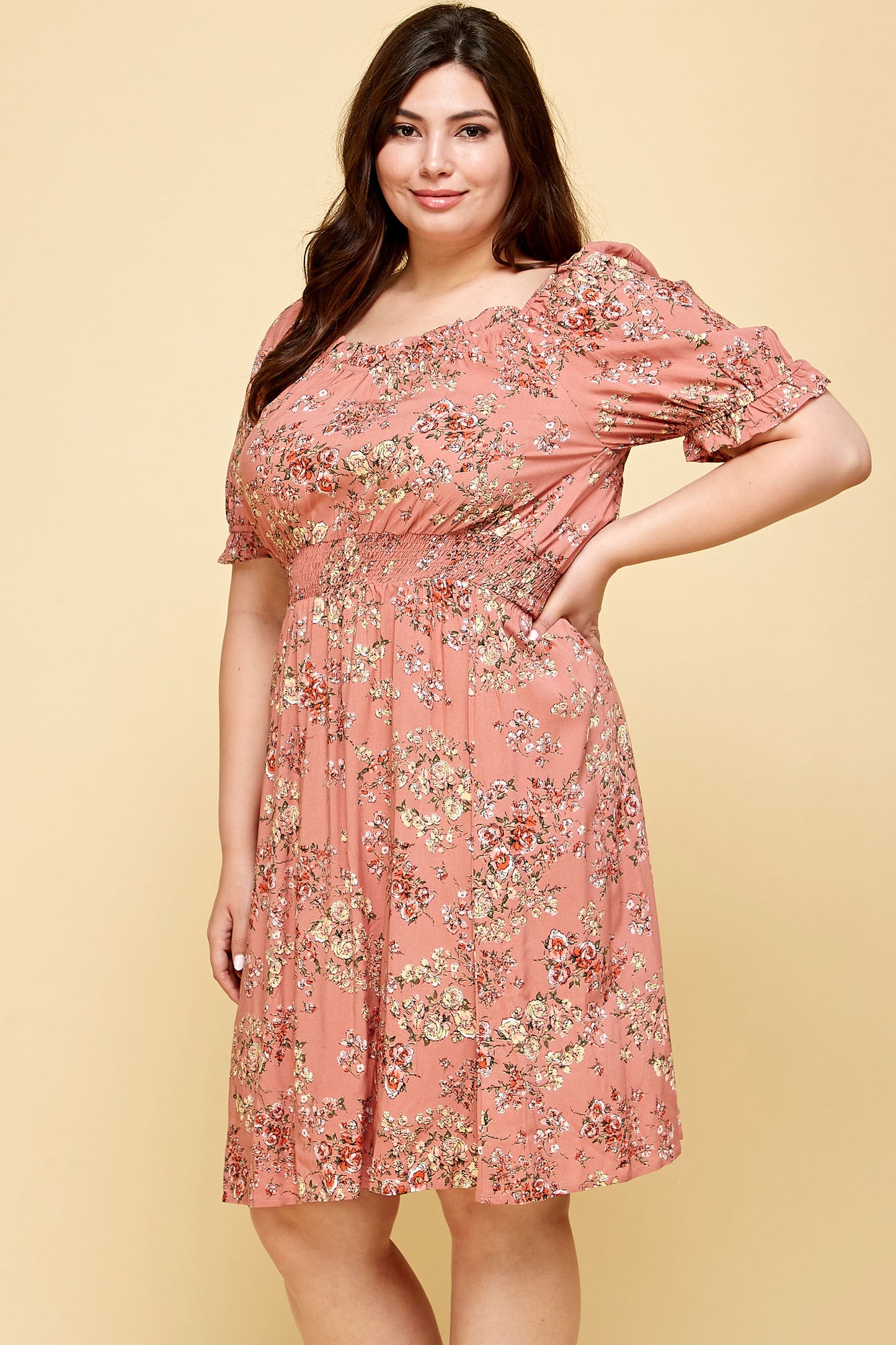 PLUS SIZE PEASANT SMOCKED WAIST DRESS IN PINK