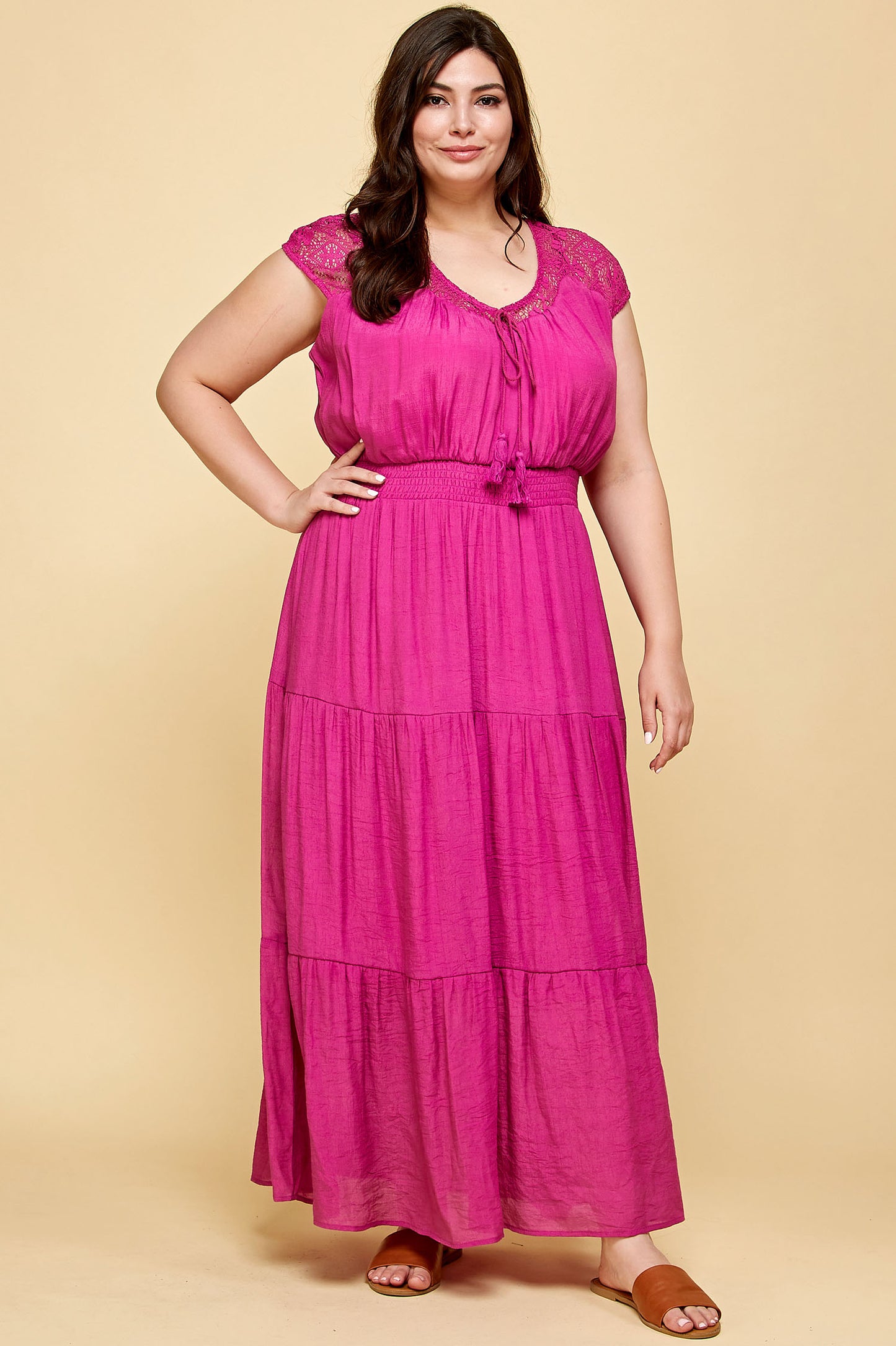 PLUS SIZE LACE TOP TASSEL SMOCKED WAIST TIER MAXI IN MAGENTA