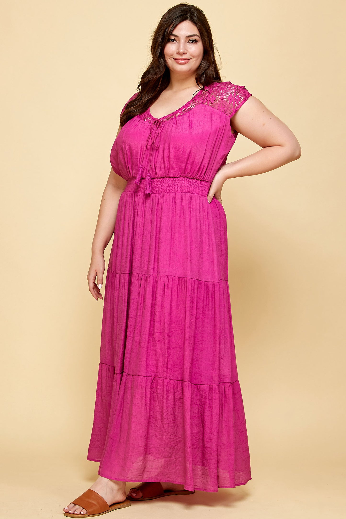 PLUS SIZE LACE TOP TASSEL SMOCKED WAIST TIER MAXI IN MAGENTA