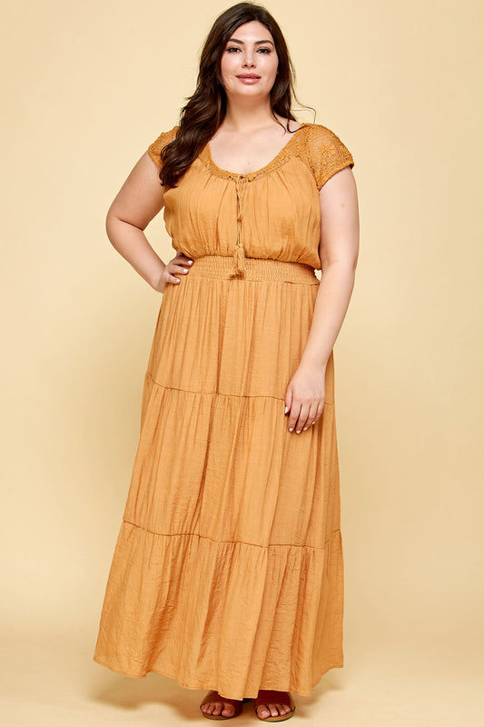 PLUS SIZE LACE TOP TASSEL SMOCKED WAIST TIER MAXI IN GOLD