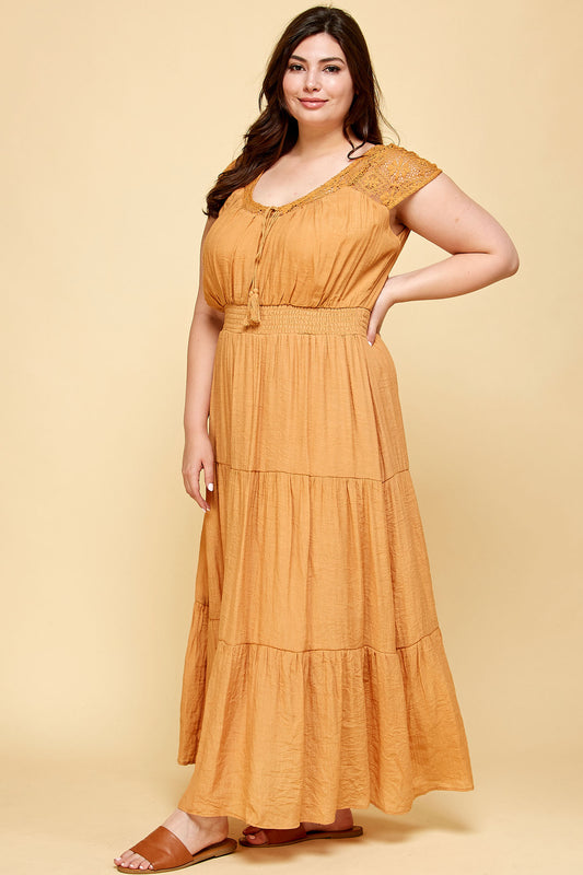 PLUS SIZE LACE TOP TASSEL SMOCKED WAIST TIER MAXI IN GOLD