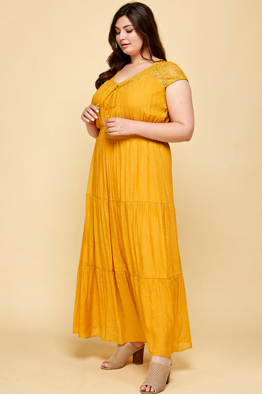 PLUS SIZE LACE TOP TASSEL SMOCKED WAIST TIER MAXI IN MUSTARD