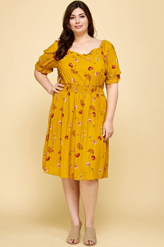 PLUS SIZE PEASANT SMOCKED WAIST DRESS IN YELLOW