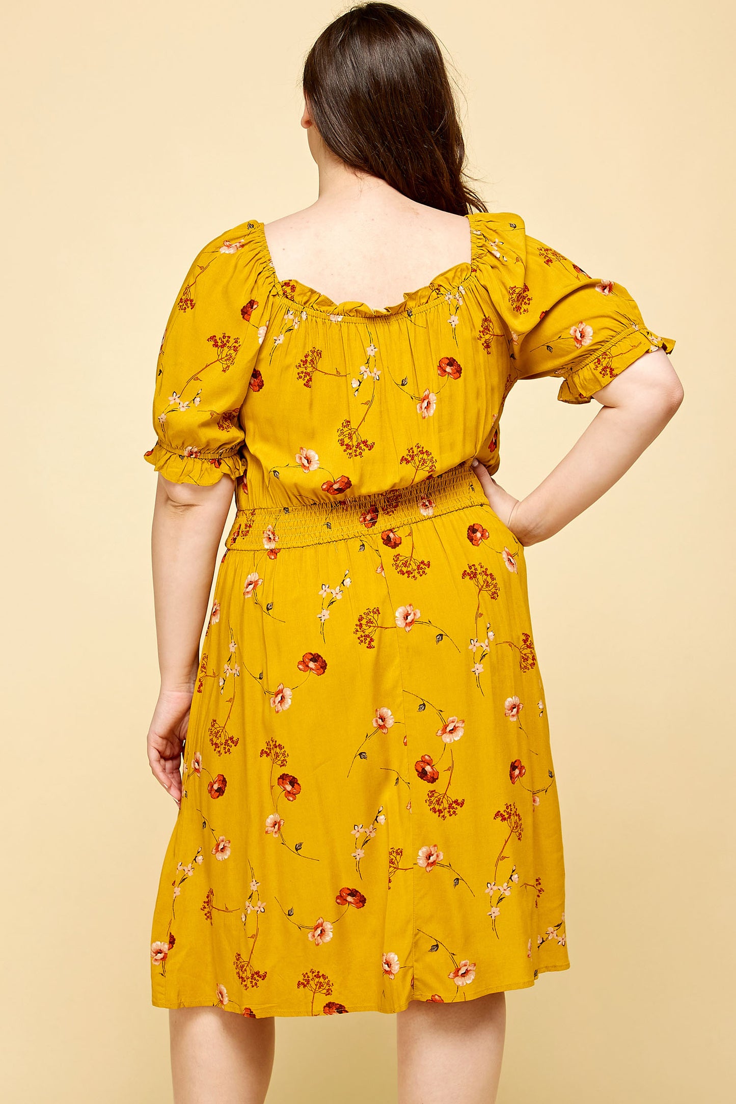 PLUS SIZE PEASANT SMOCKED WAIST DRESS IN YELLOW