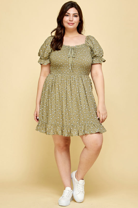 PLUS SIZE FLORAL BABYDOLL DRESS IN OLIVE GREEN
