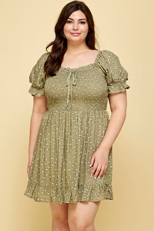 PLUS SIZE FLORAL BABYDOLL DRESS IN OLIVE GREEN
