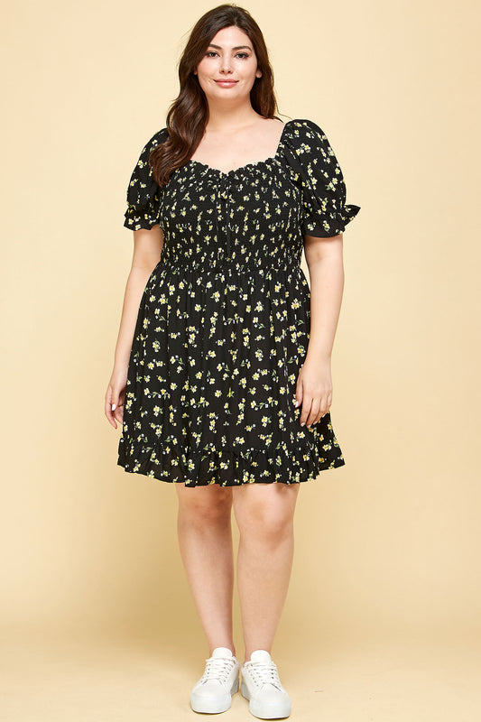 PLUS SIZE FLORAL BABYDOLL DRESS IN BLACK WITH YELLOW FLOWERS
