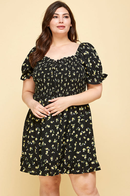 PLUS SIZE FLORAL BABYDOLL DRESS IN BLACK WITH YELLOW FLOWERS