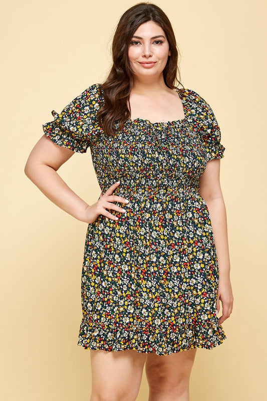 PLUS SIZE FLORAL BABYDOLL DRESS WITH MULTI COLORED FLOWERS