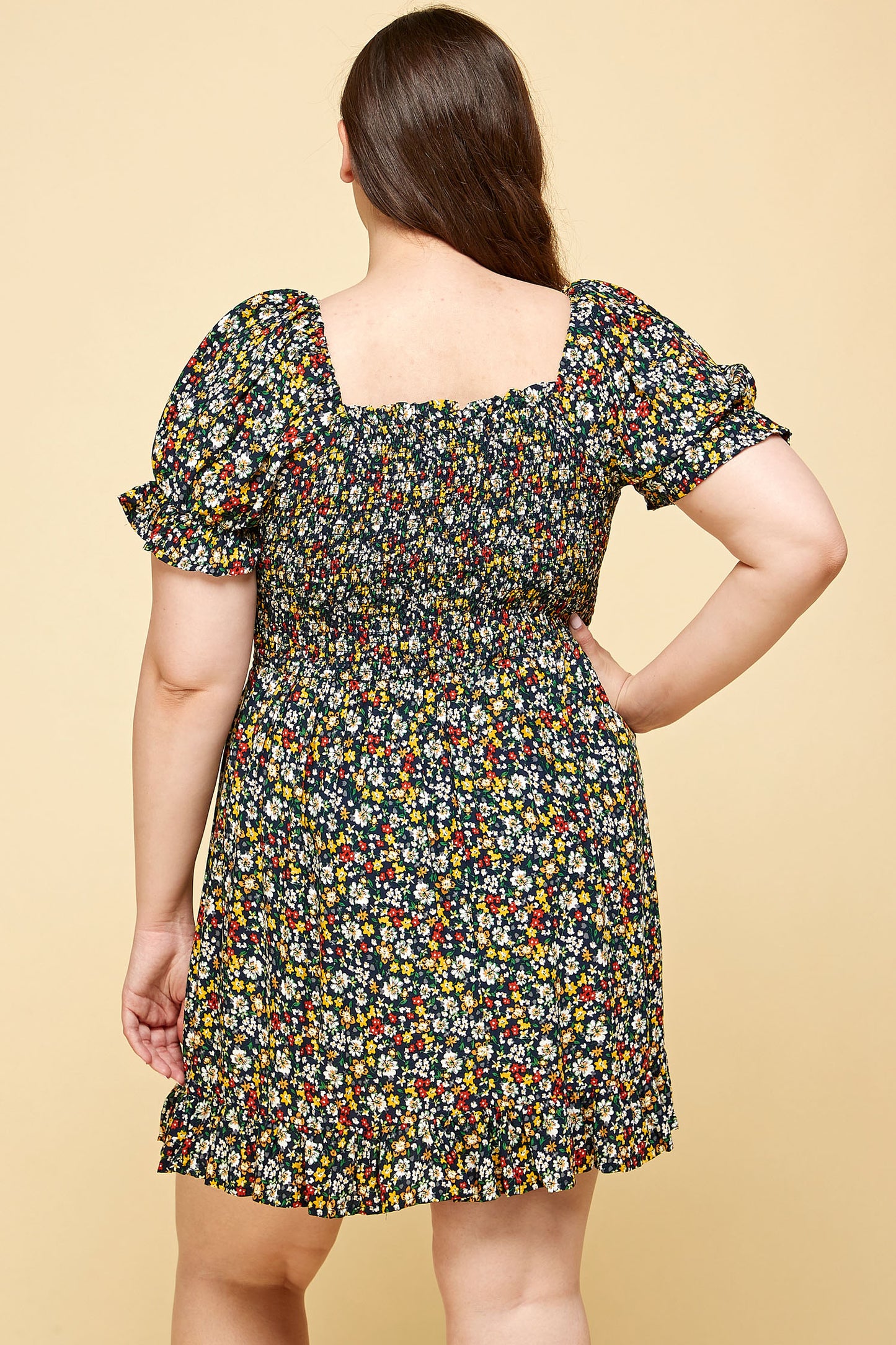PLUS SIZE FLORAL BABYDOLL DRESS WITH MULTI COLORED FLOWERS
